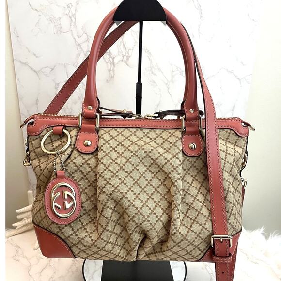 Gucci Handbags - Gucci Diamante Canvas Sukey 2-Way Leather Trim Satchel/Top Handle Bag EUC